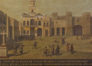 Restauración en marcha para la obra histórica ‘Plaza de San Juan de Dios en 1596’ en el Museo de las Cortes de Cádiz