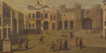 Restauración en marcha para la obra histórica ‘Plaza de San Juan de Dios en 1596’ en el Museo de las Cortes de Cádiz